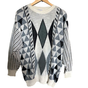 Vintage Geometric Cotton Blend Oversize Crewneck  Grandpa Sweater Large